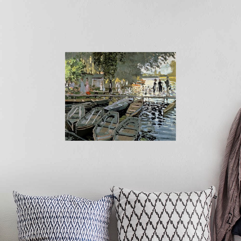 A bohemian room featuring Oil painting of row boats lined along a shore with people walking across a dock and also swimming...