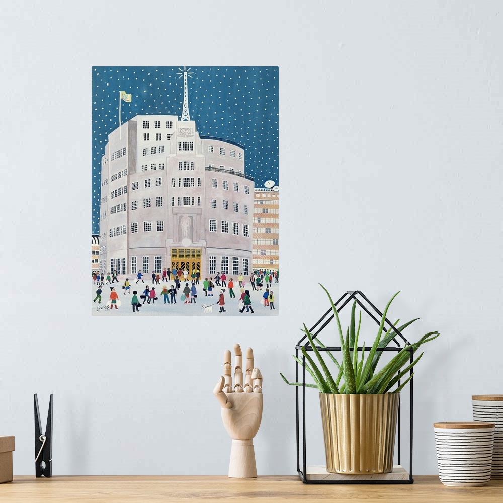 A bohemian room featuring Contemporary painting of people in a busy city street in winter.