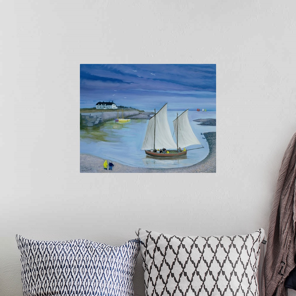 A bohemian room featuring Contemporary painting of a boat with large sails approaching the shore.