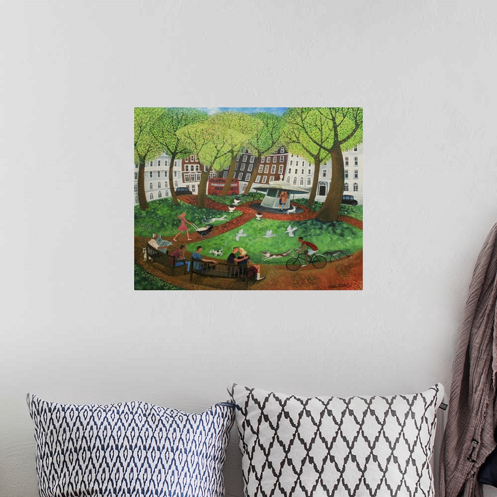 A bohemian room featuring Contemporary painting of people in a park in a city.