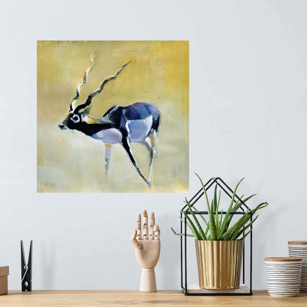 A bohemian room featuring Contemporary painting of an antelope with large horns.