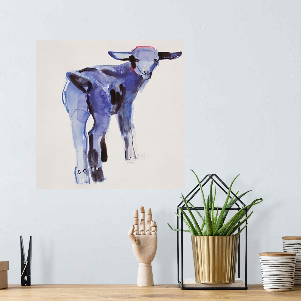 A bohemian room featuring Contemporary painting of a young goat.
