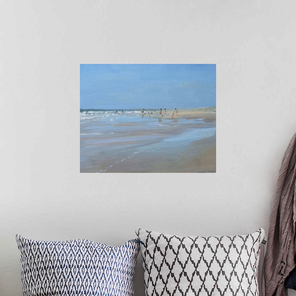 A bohemian room featuring Contemporary painting of people at the beach at low tide.