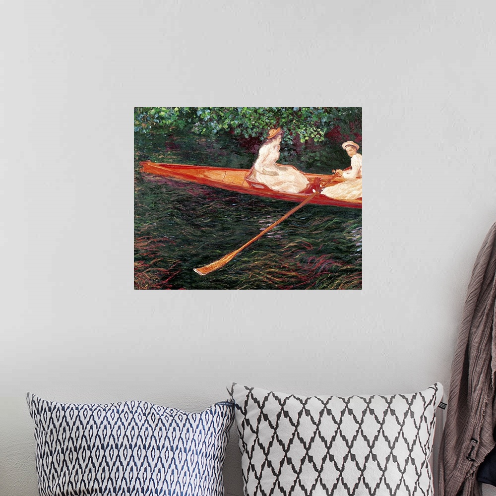 A bohemian room featuring Classic painting of two woman sitting in a row boat on a river.