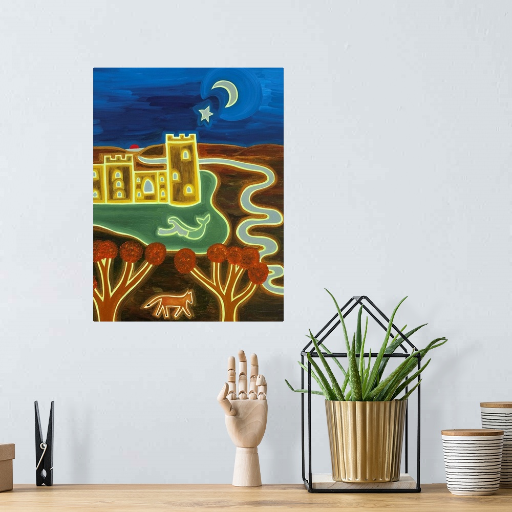 A bohemian room featuring Contemporary painting of a castle in a countryside scene with everything sort of glowing in a neo...