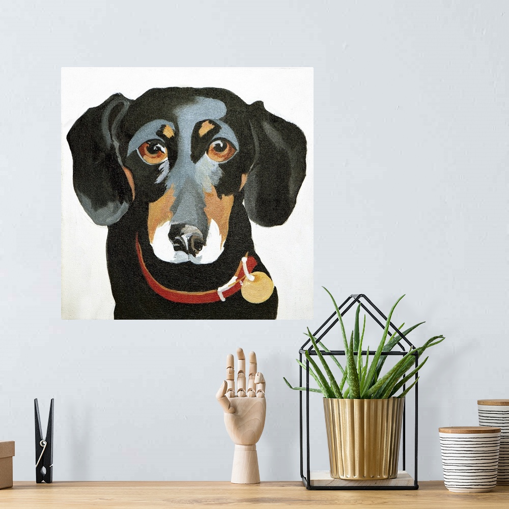 A bohemian room featuring Contemporary painting of a portrait of a black dog.