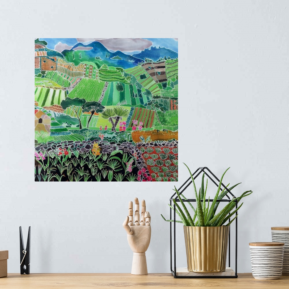 A bohemian room featuring Contemporary painting of an agricultural landscape with mountains in the distance.