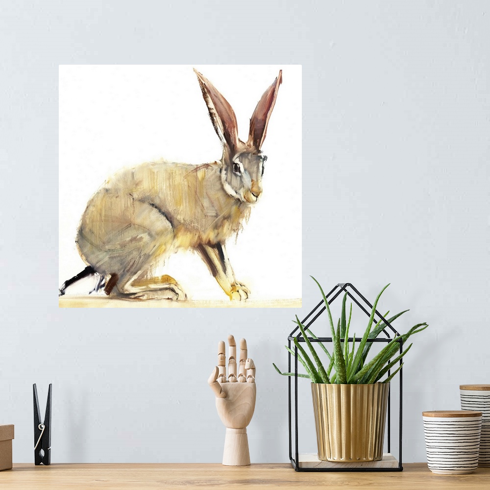 A bohemian room featuring Contemporary wildlife painting of a large hare.