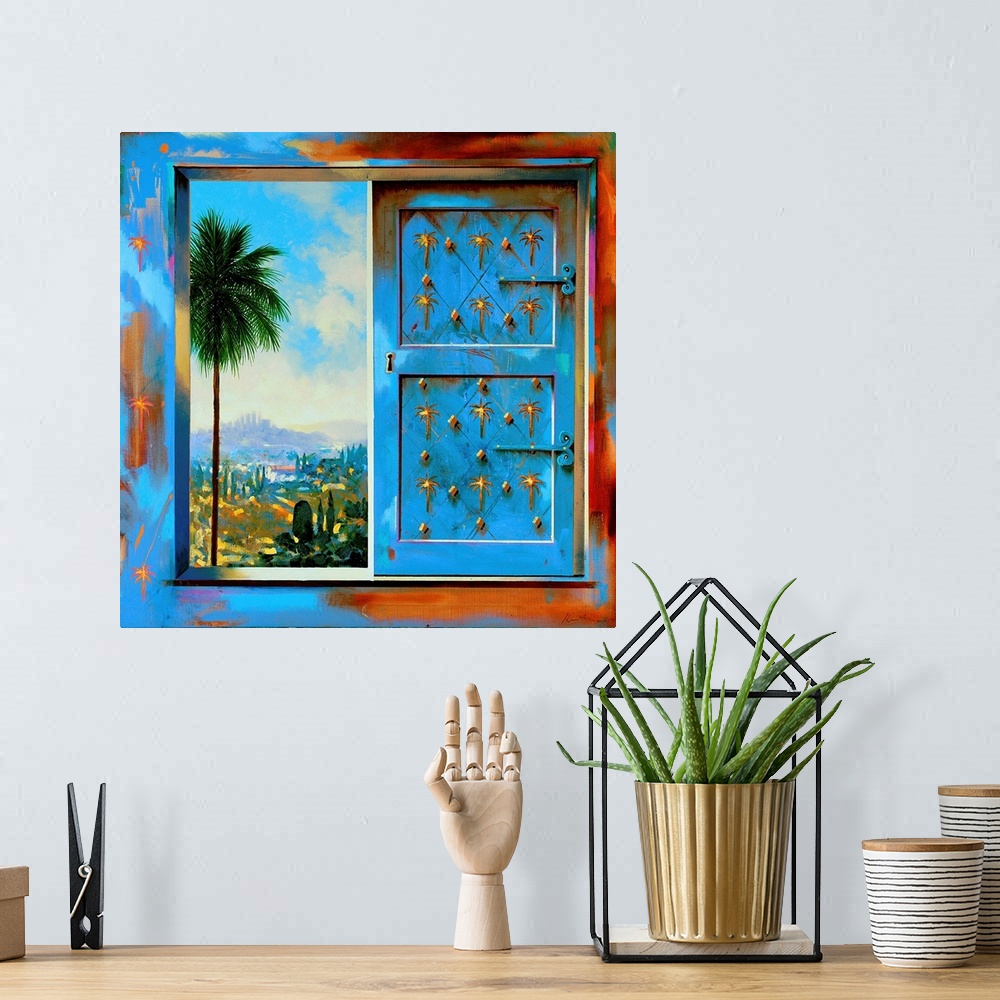 A bohemian room featuring Contemporary artwork of a window with one shutter closed, and a palm tree visible on the other side.
