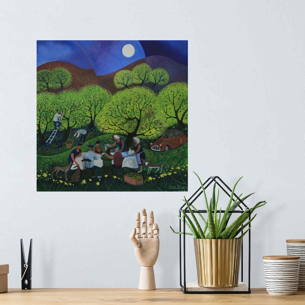 A bohemian room featuring Contemporary painting of people drinking apple cider in an orchard at night.