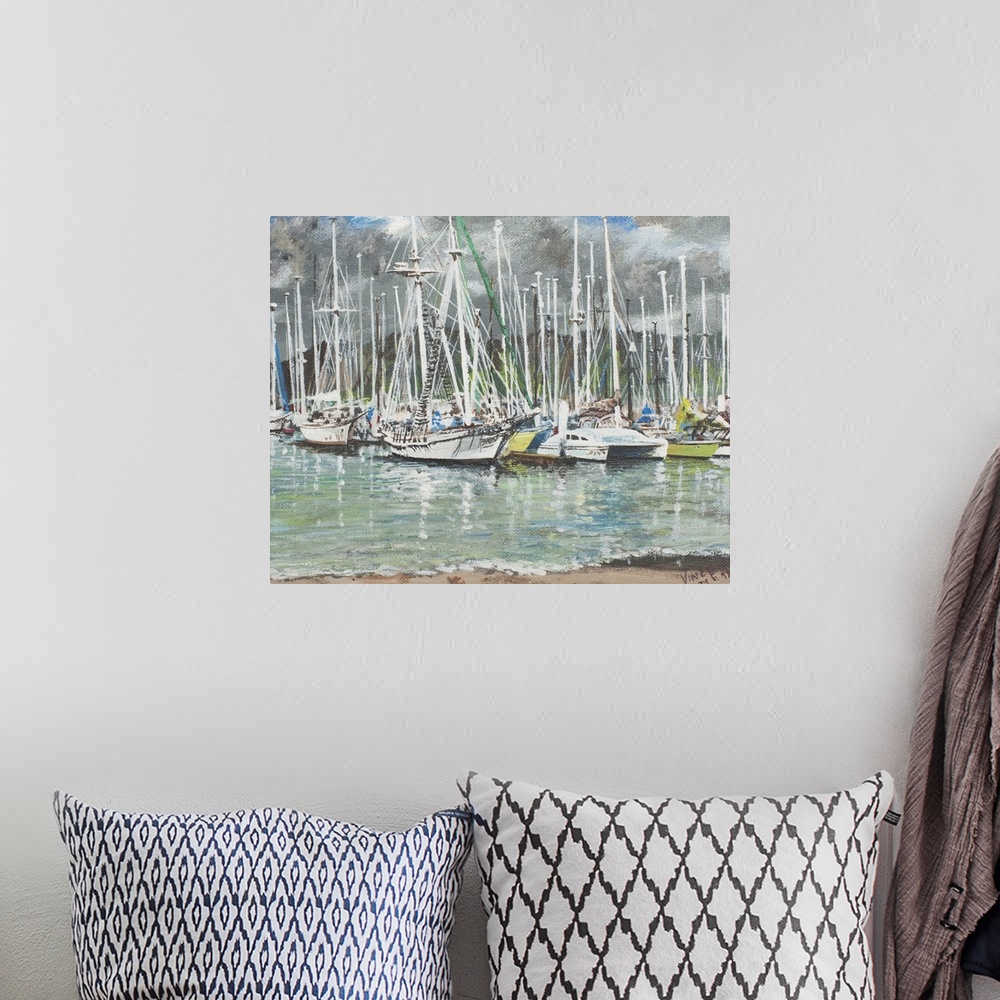 A bohemian room featuring Contemporary painting of sailboats docked in a harbor under gray skies.