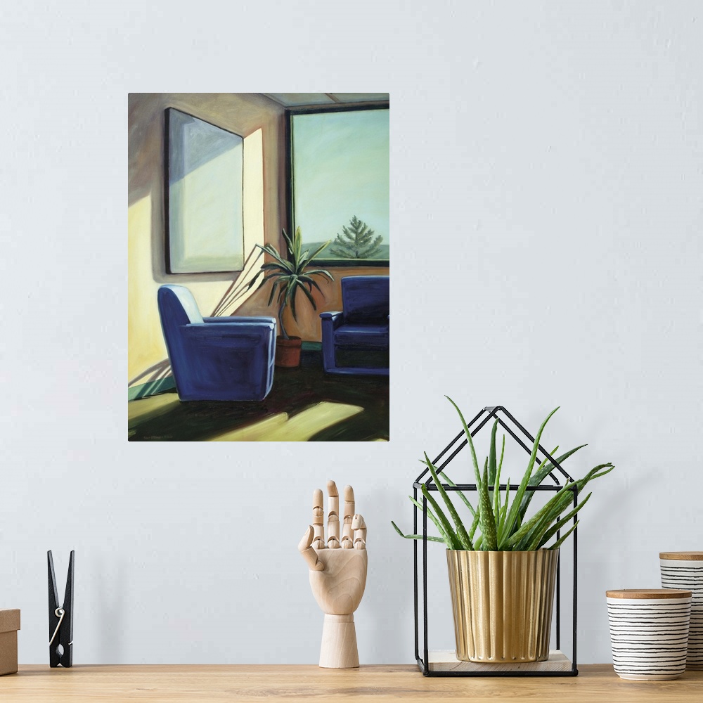 A bohemian room featuring Contemporary painting of two blue armchairs by a window.