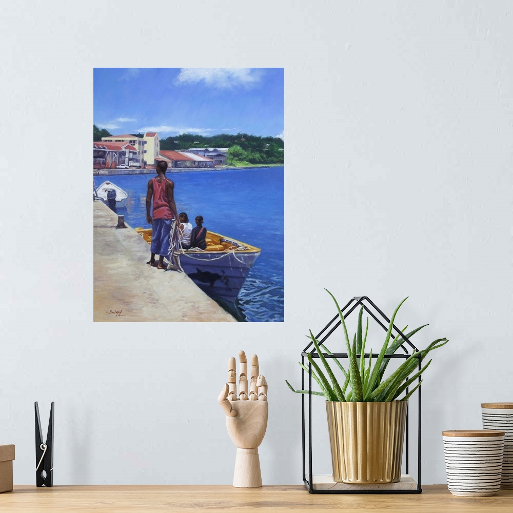 A bohemian room featuring Contemporary art of people in a boat in the harbor in the West Indies.