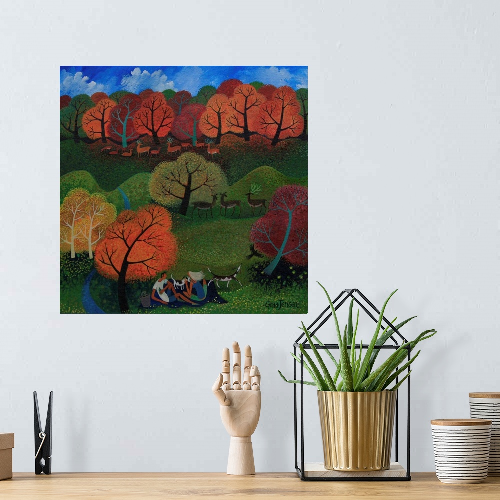 A bohemian room featuring Contemporary painting of a herd of deer in an autumn forest.