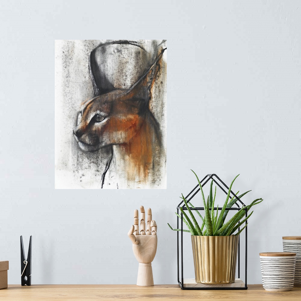 A bohemian room featuring Contemporary wildlife portrait of a wild Caracal.