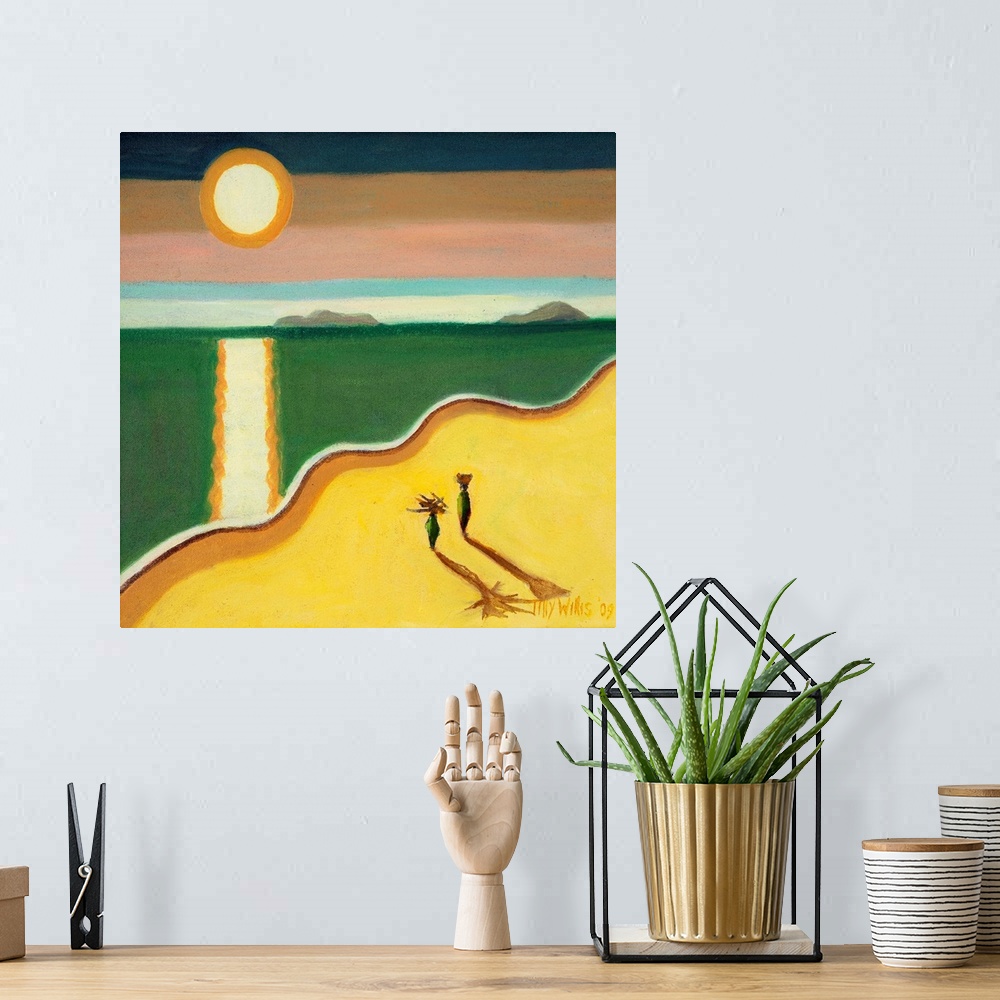 A bohemian room featuring Contemporary artwork of two figures on the beach with the sun reflected in the ocean.