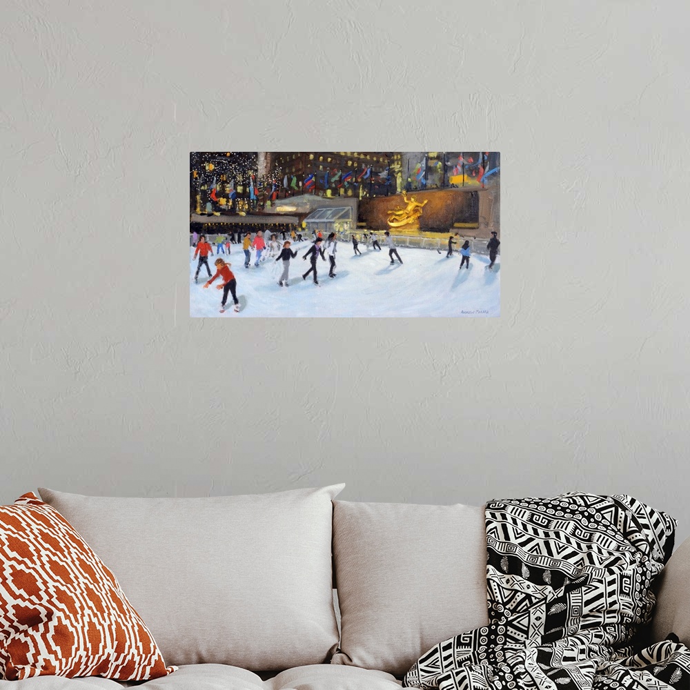 A bohemian room featuring Evening,Rockerfeller Ice Rink,New York, (oil on canvas)