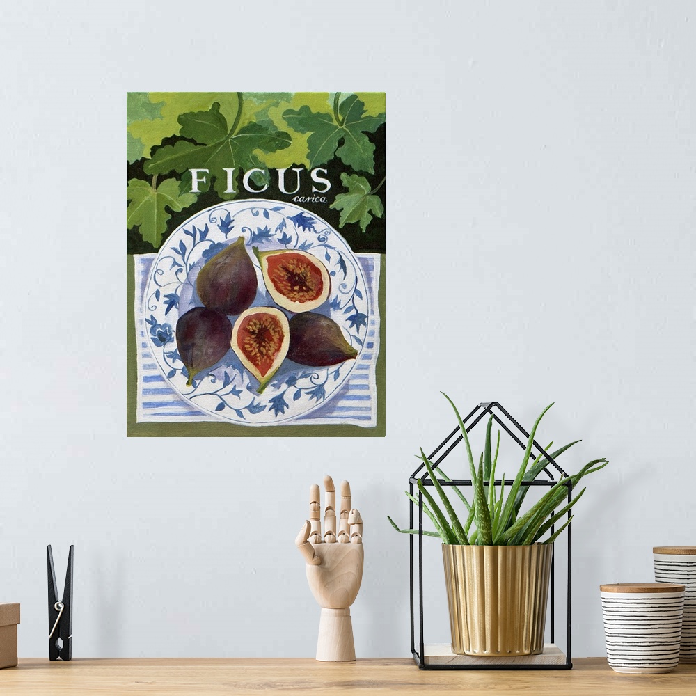 A bohemian room featuring Contemporary painting of a plate with figs.