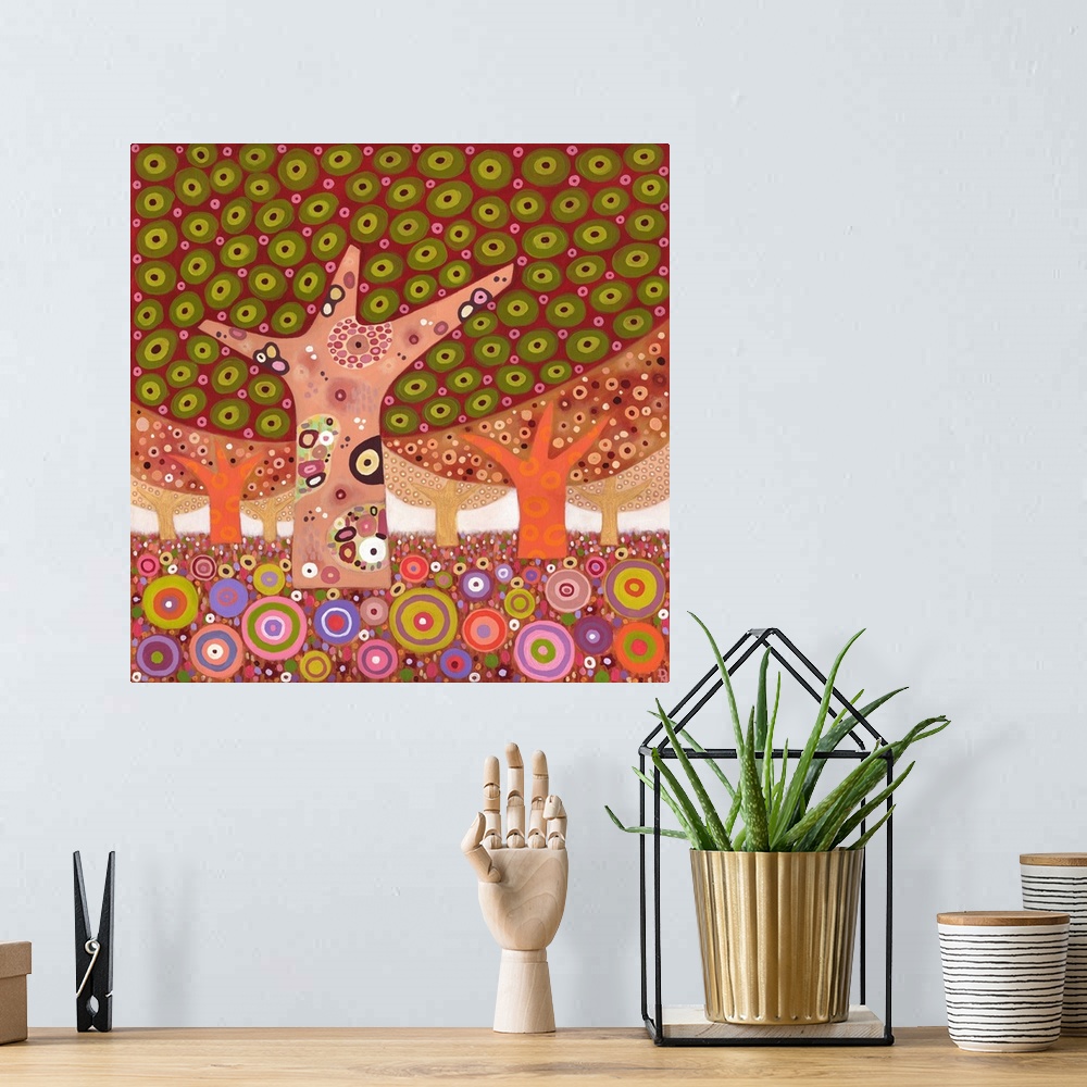 A bohemian room featuring Colorful contemporary painting using elaborate patterns and designs.