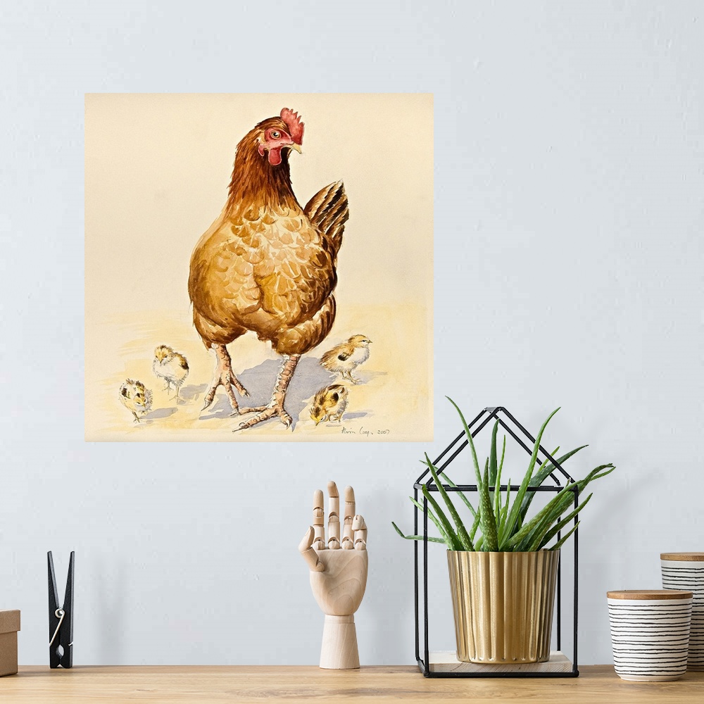 A bohemian room featuring Contemporary painting of a mother hen and four small chicks.