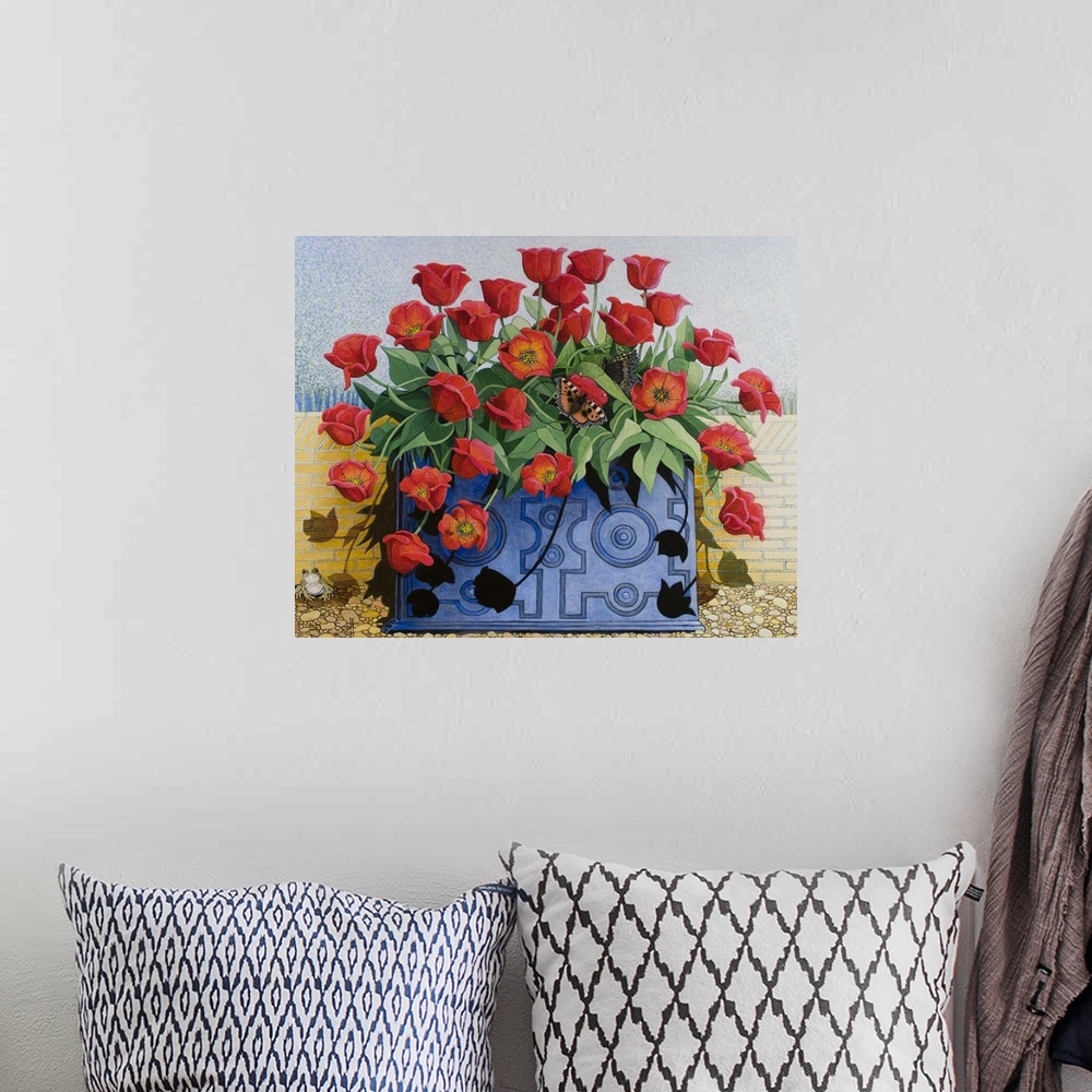 A bohemian room featuring PS433867 Getting There, 2011 (acrylic on calico) flowers; tulips; still life; window box; toad; f...