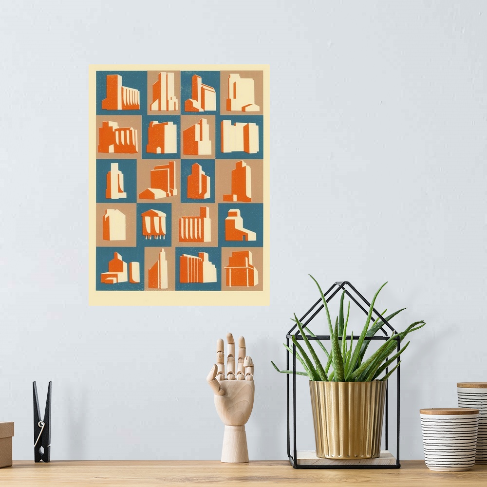 A bohemian room featuring Contemporary painting of square tiles with grain silos in them in blue orange and beige.
