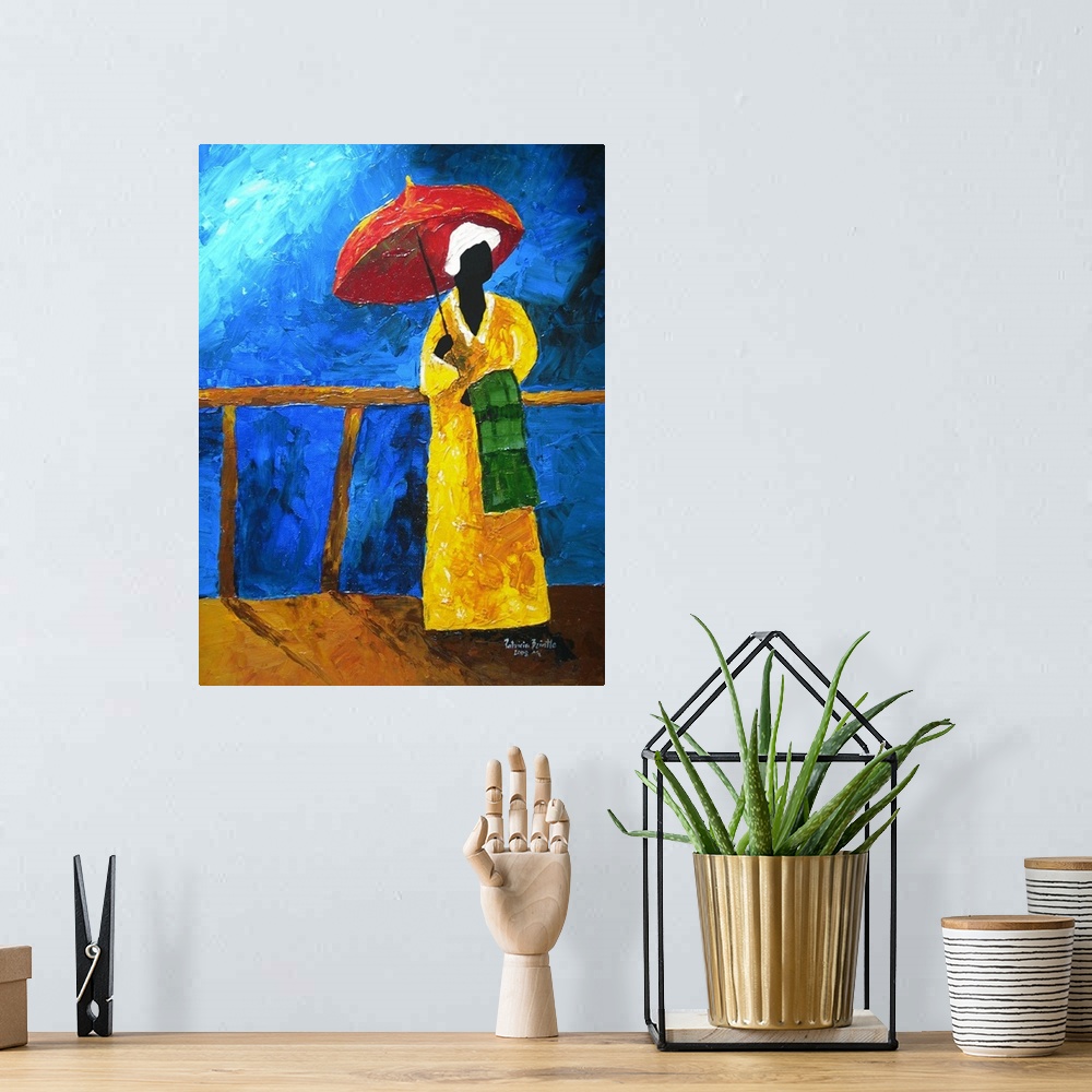 A bohemian room featuring Contemporary portrait of a Haitian woman holding an umbrella.