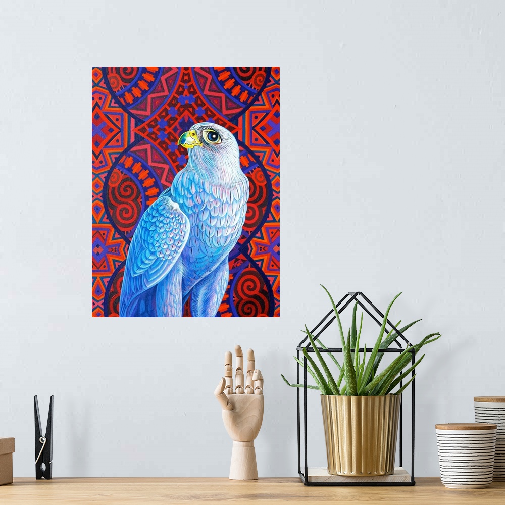 A bohemian room featuring Grey falcon, 2017, (originally oil on canvas) by Tattersfield, Jane