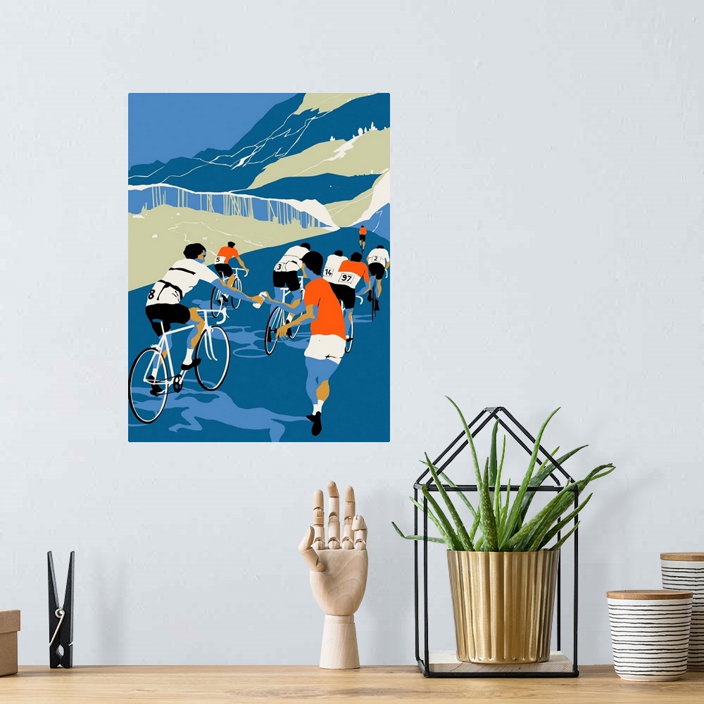 A bohemian room featuring Contemporary illustration of cyclists being given drink while en route during competition.