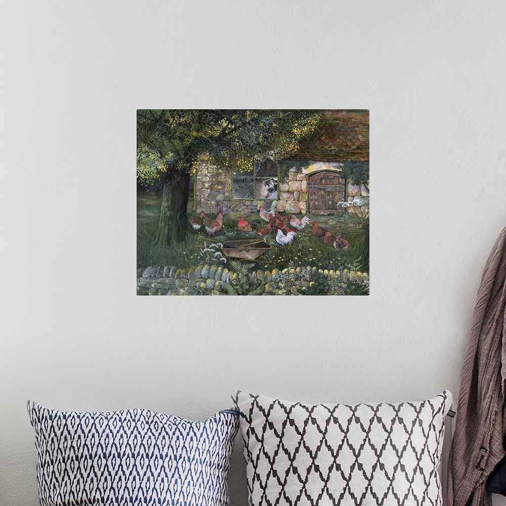 A bohemian room featuring Contemporary painting of a flock of chickens in a backyard.