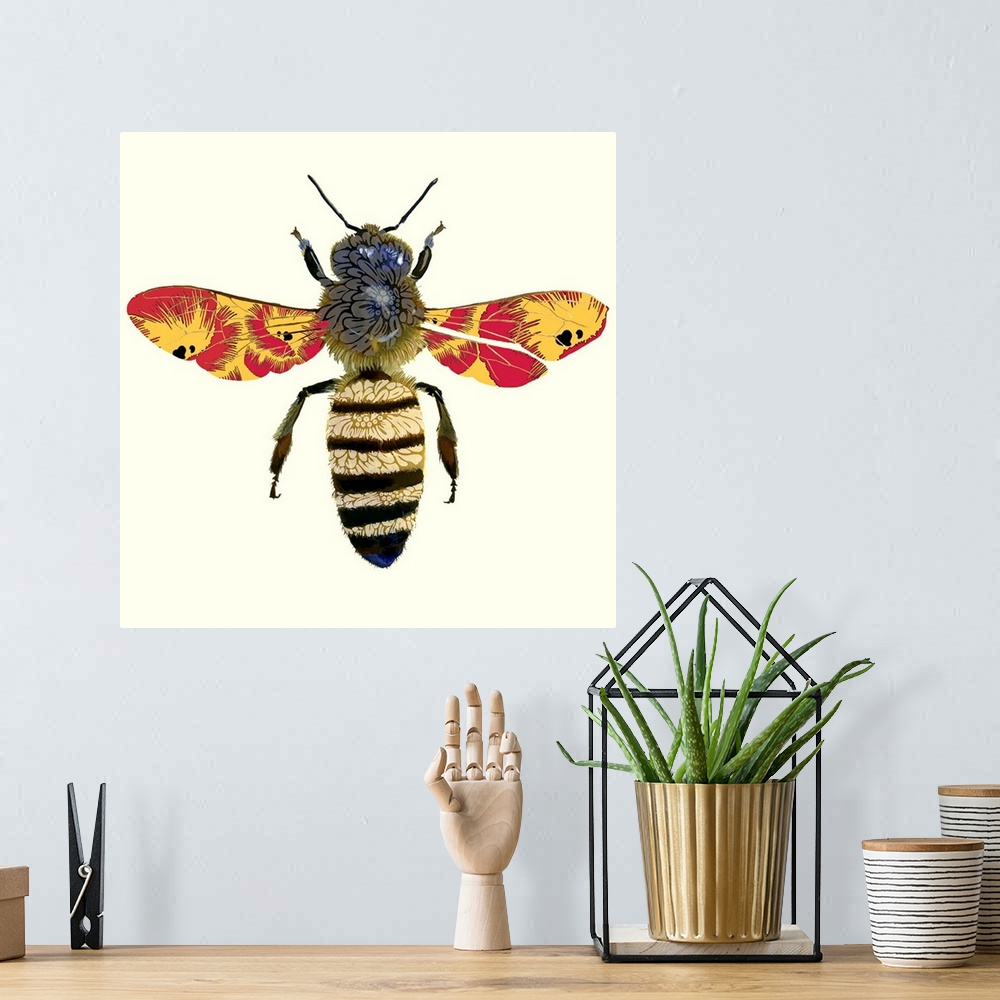 A bohemian room featuring Contemporary painting of a honey bee against a beige surface.