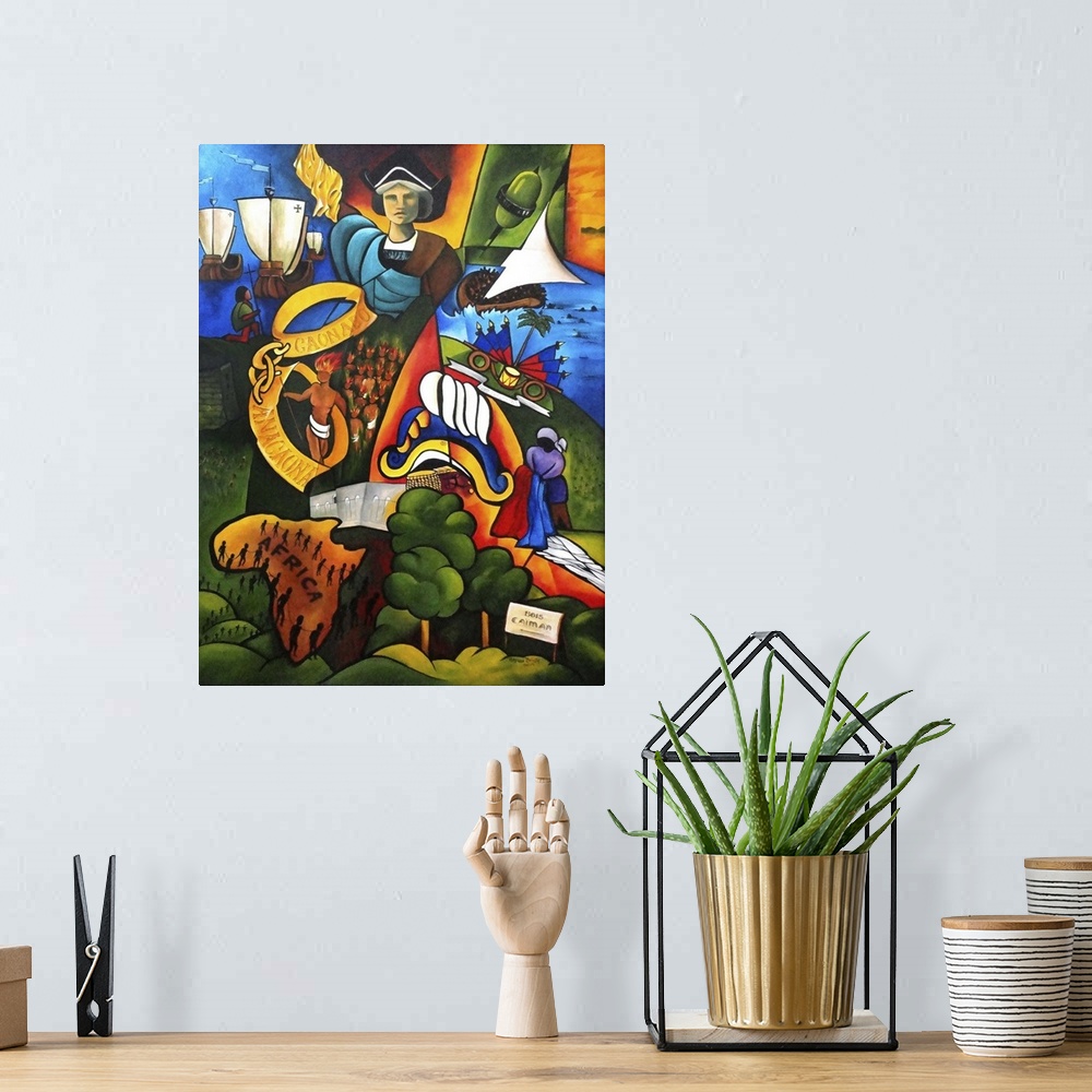A bohemian room featuring Contemporary painting featuring elements of history including Christopher Columbus and African sl...