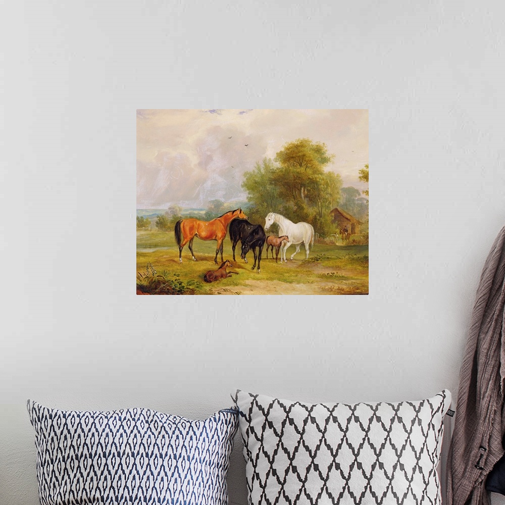 A bohemian room featuring Horses Grazing: Mares and Foals in a Field