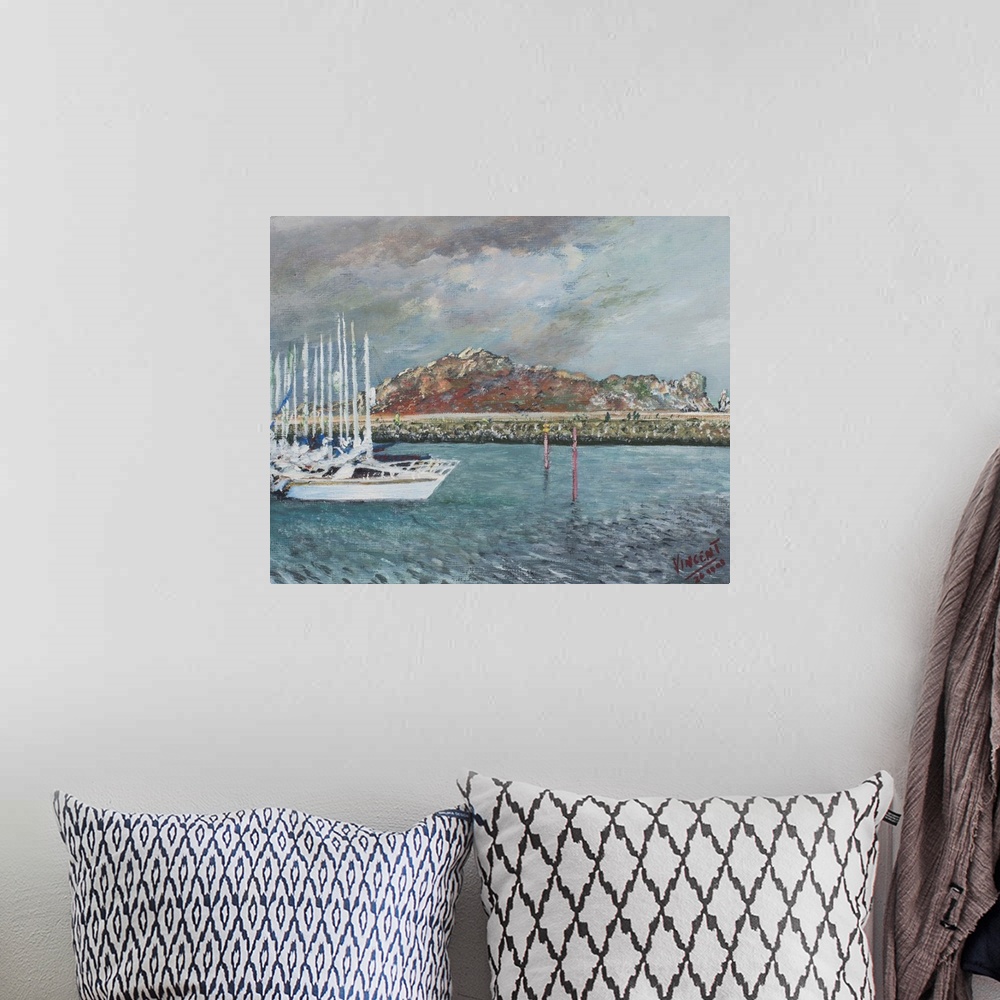 A bohemian room featuring Contemporary painting of sailboats lined up in a harbor.
