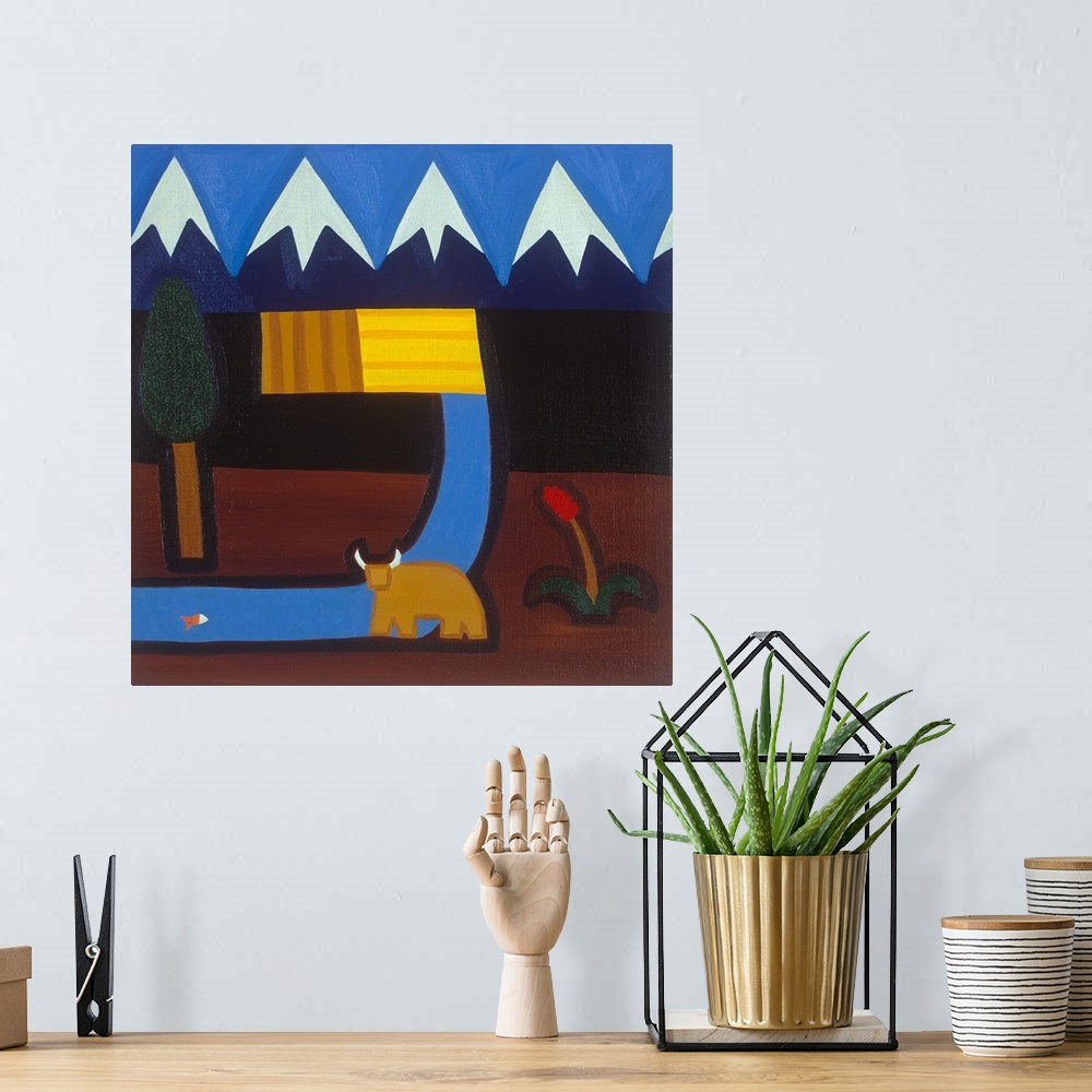 A bohemian room featuring Contemporary painting of a bull by the Andes Mountains in Peru.