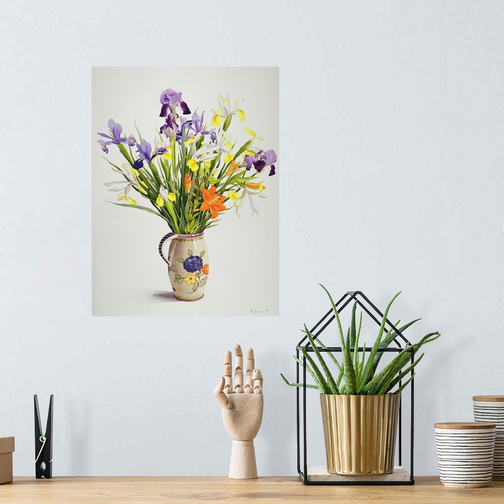 A bohemian room featuring Irises and Lilies in a Dutch Jug