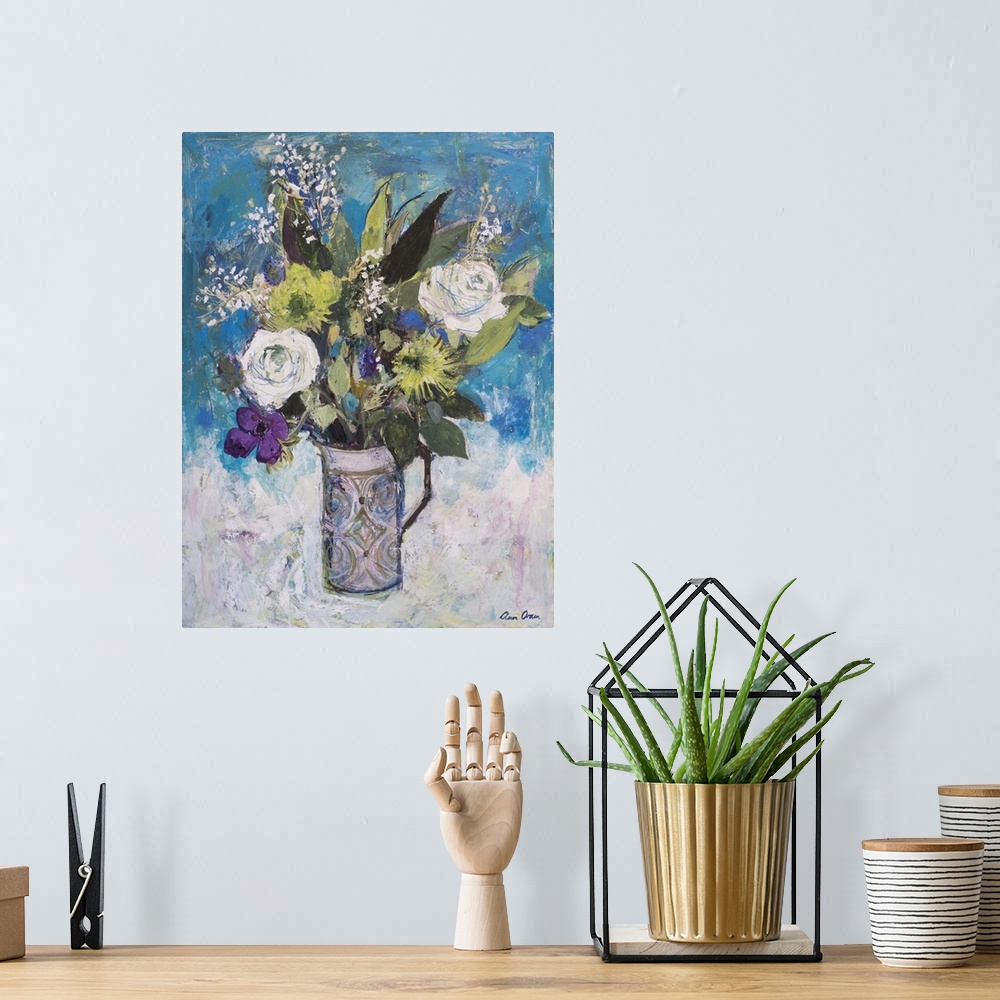 A bohemian room featuring Jug With White Roses And Other Flowers
