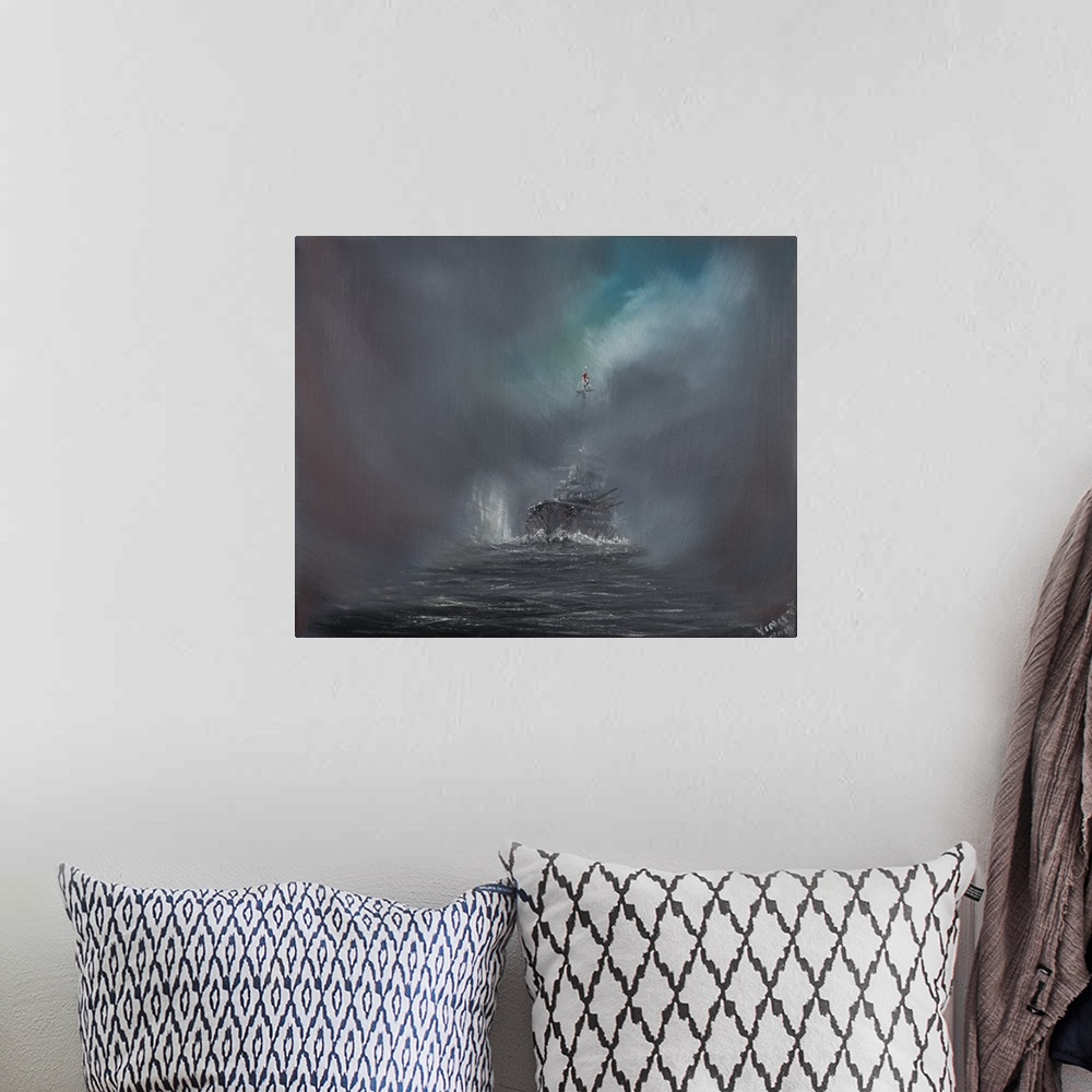 A bohemian room featuring Contemporary painting of a battleship riding rough seas.