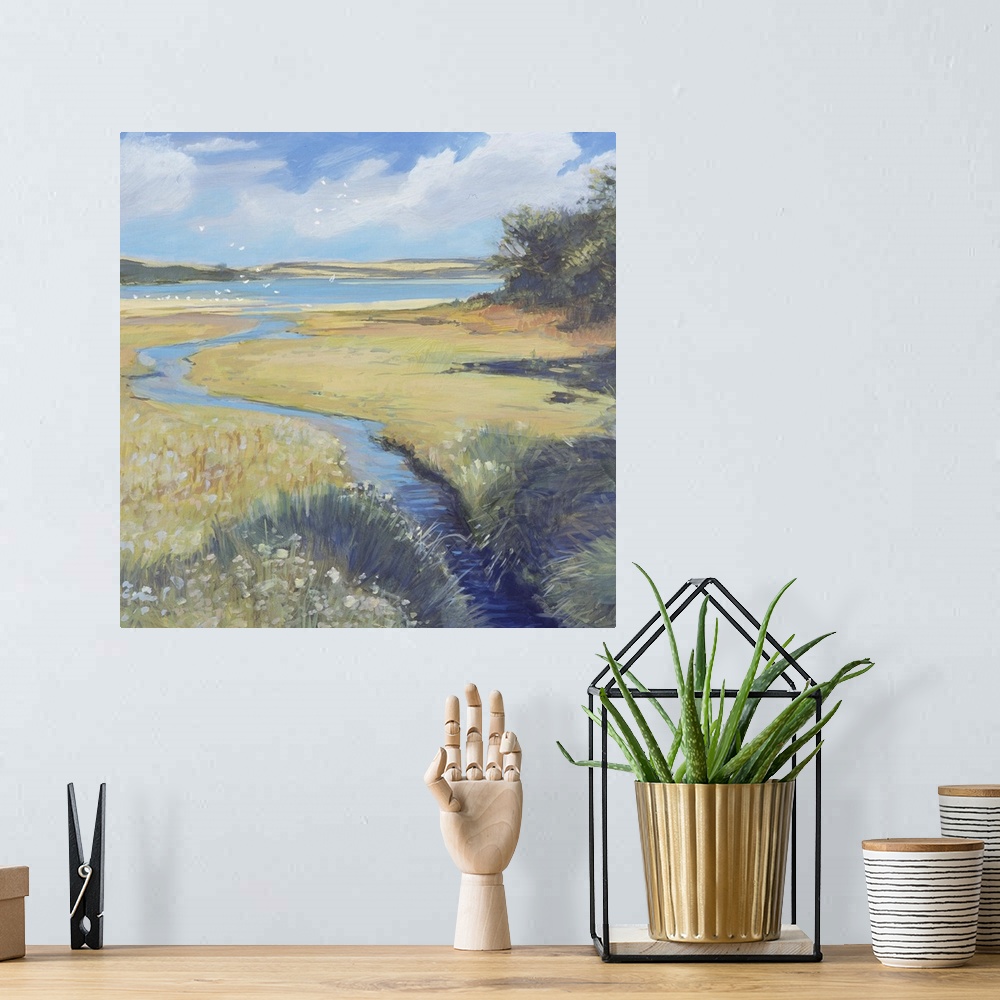 A bohemian room featuring Contemporary painting of a small stream in the English countryside.