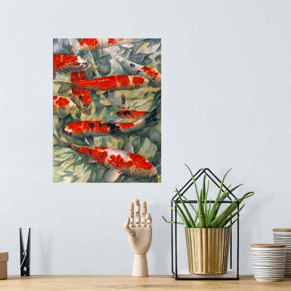 A bohemian room featuring Contemporary painting of a group of red and white koi fish in a pond.