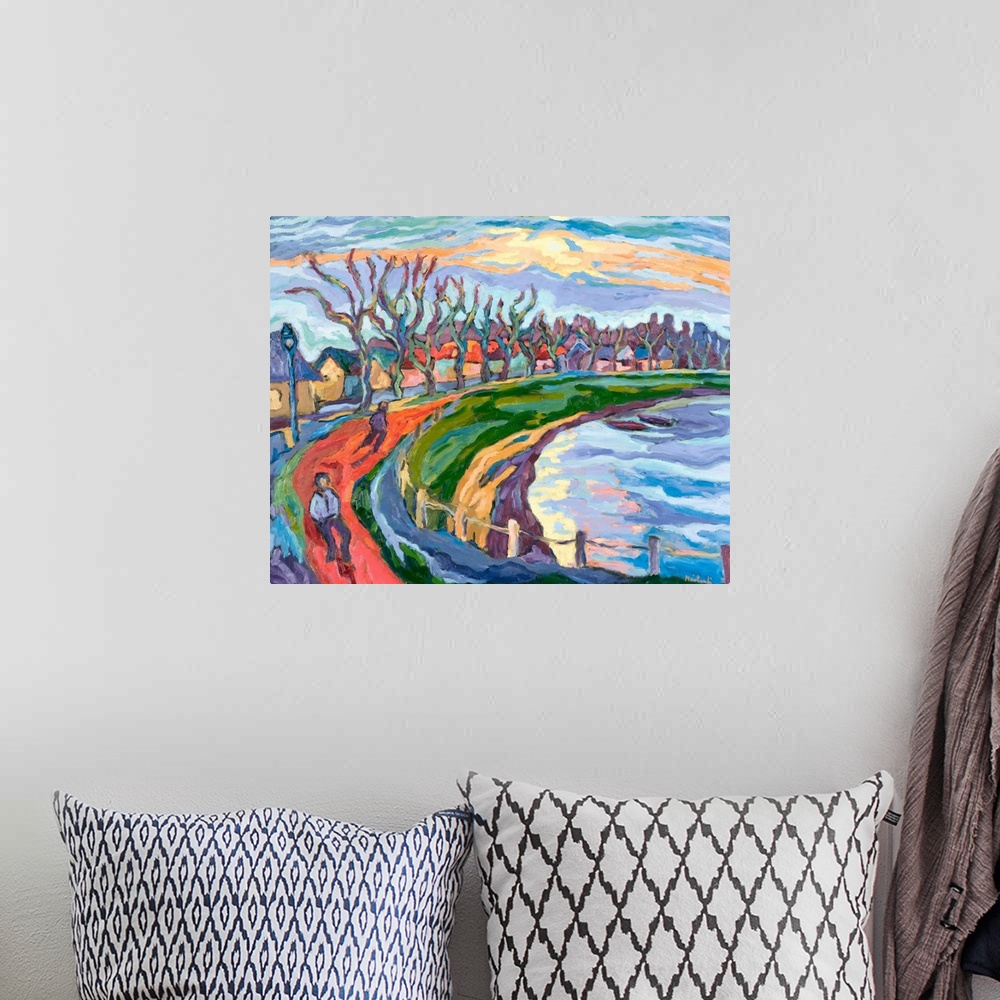 A bohemian room featuring Abstract artwork that shows a path with two people walking on it with a line of houses and trees ...