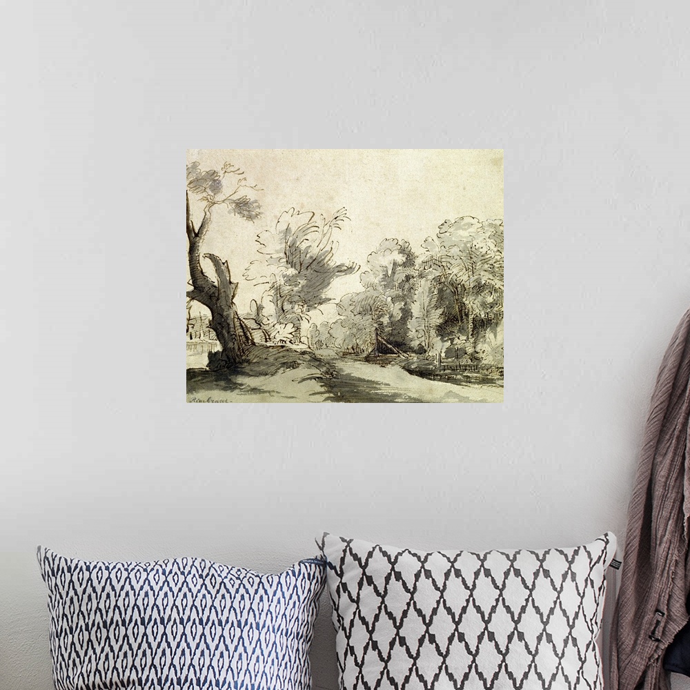 A bohemian room featuring Landscape with a path, an almost dead tree on the left and a footbridge leading to a farm on the ...