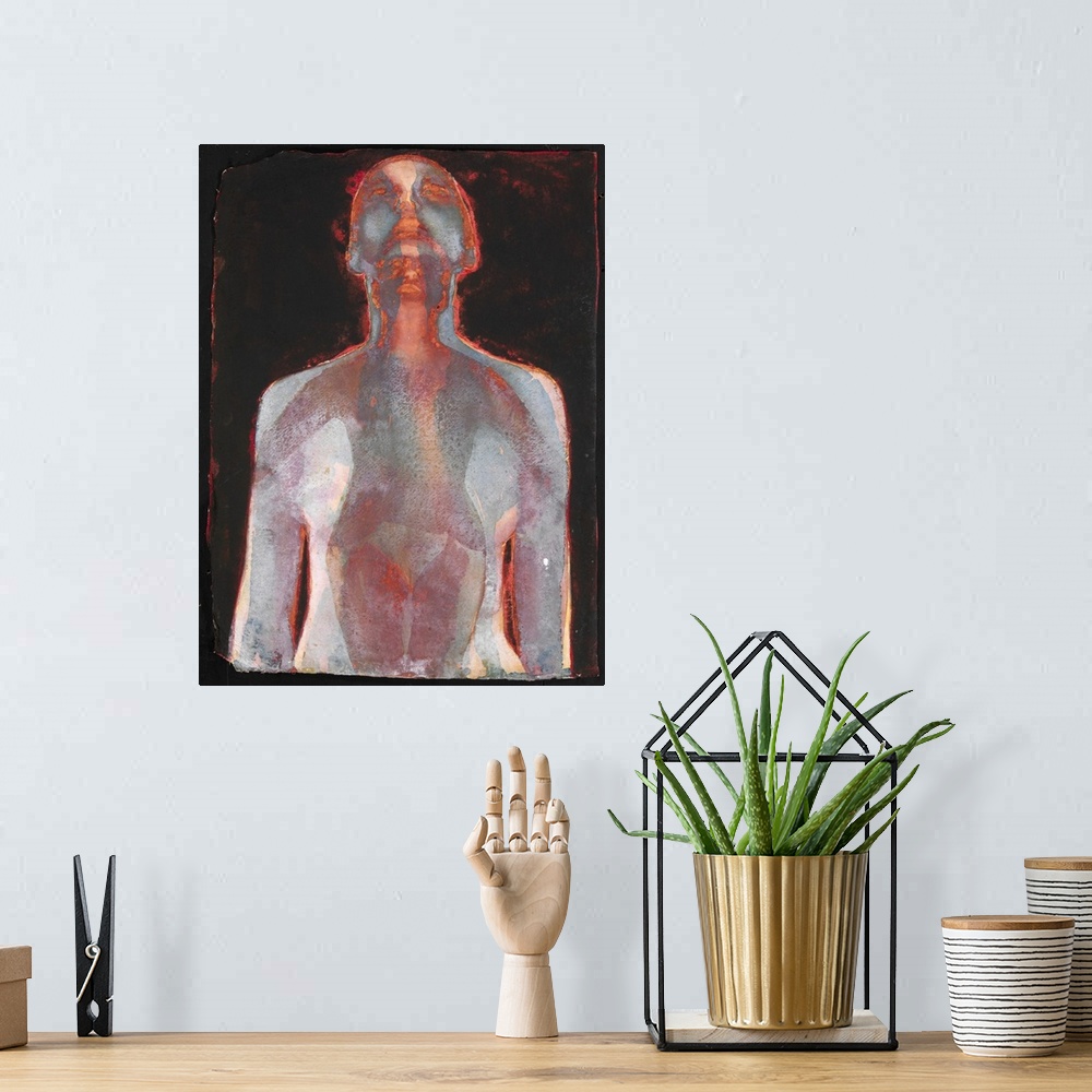 A bohemian room featuring Contemporary painting of a nude figure in deep dark colors against a black background.