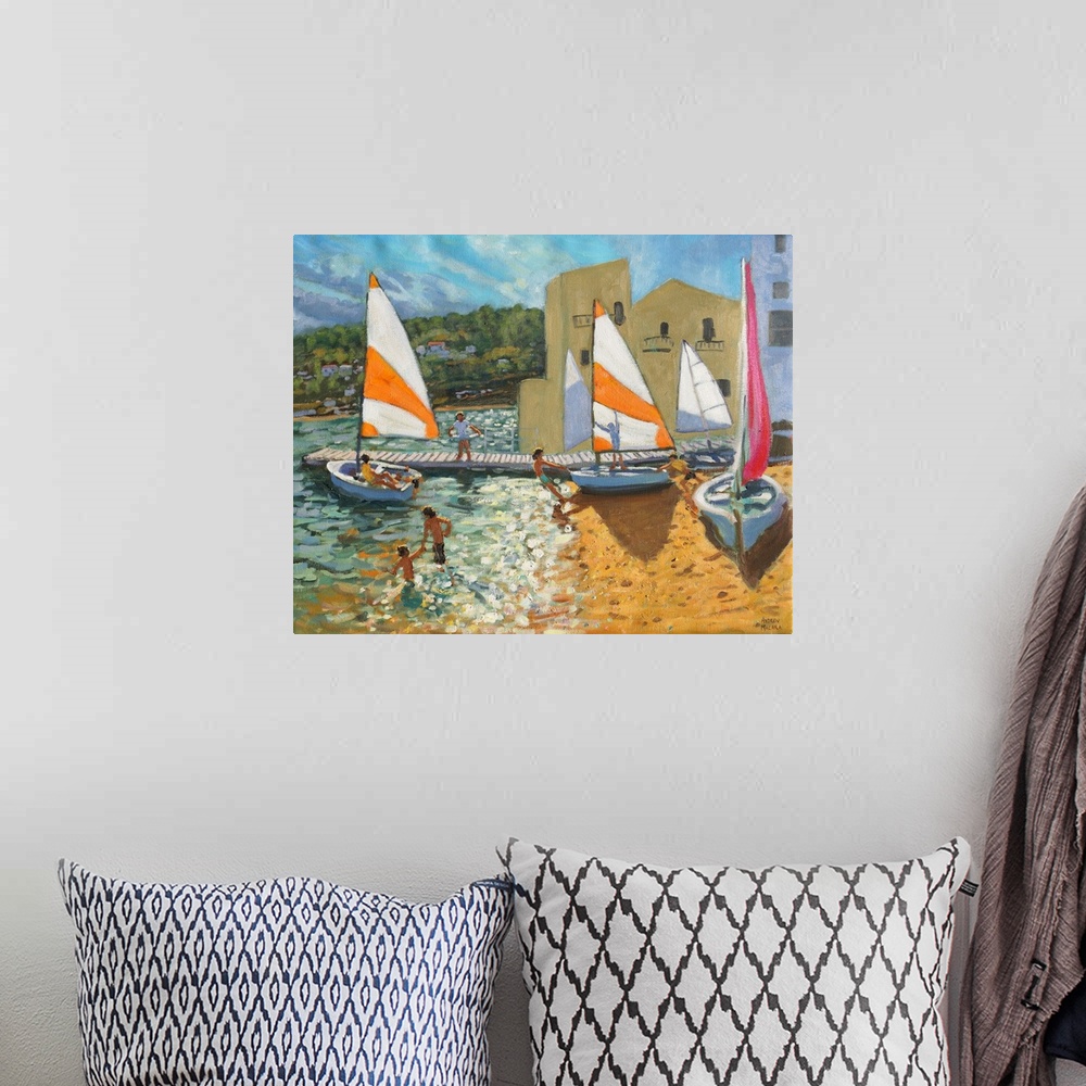 A bohemian room featuring Launching boats, Calella de Palafrugell, Spain, oil on canvas.