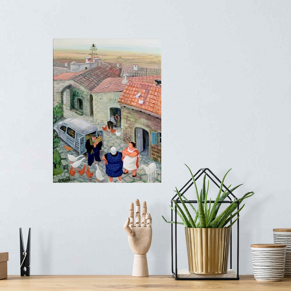 A bohemian room featuring Contemporary painting of a baker delivering bread in rural Rance.