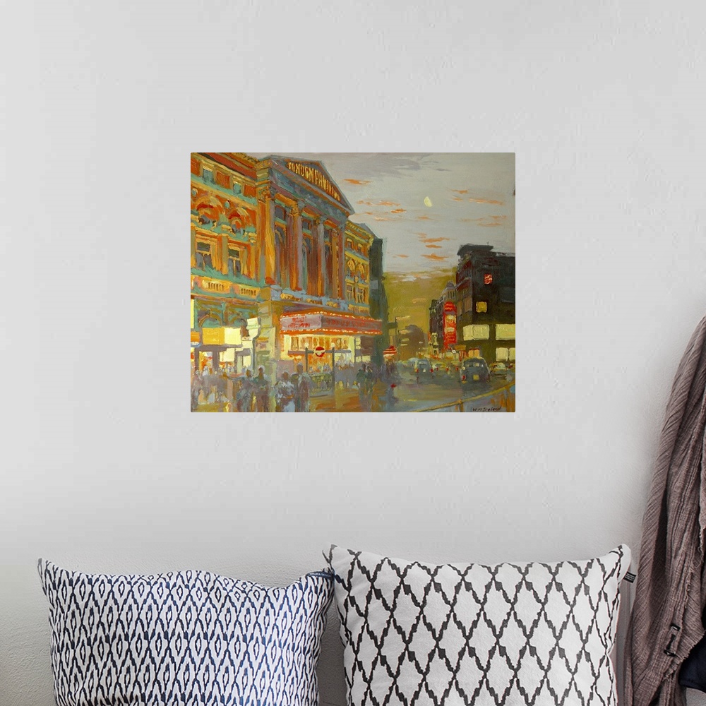 A bohemian room featuring Large painting on canvas of a London street in the evening.