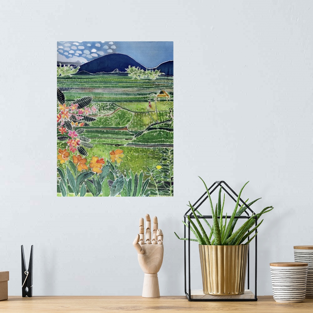 A bohemian room featuring Contemporary painting of a valley of agricultural fields and tropical flowers.