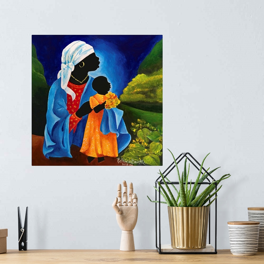 A bohemian room featuring Madonna and child - Flourish, 2018 (originally acrylic on wood) by Brintle, Patricia