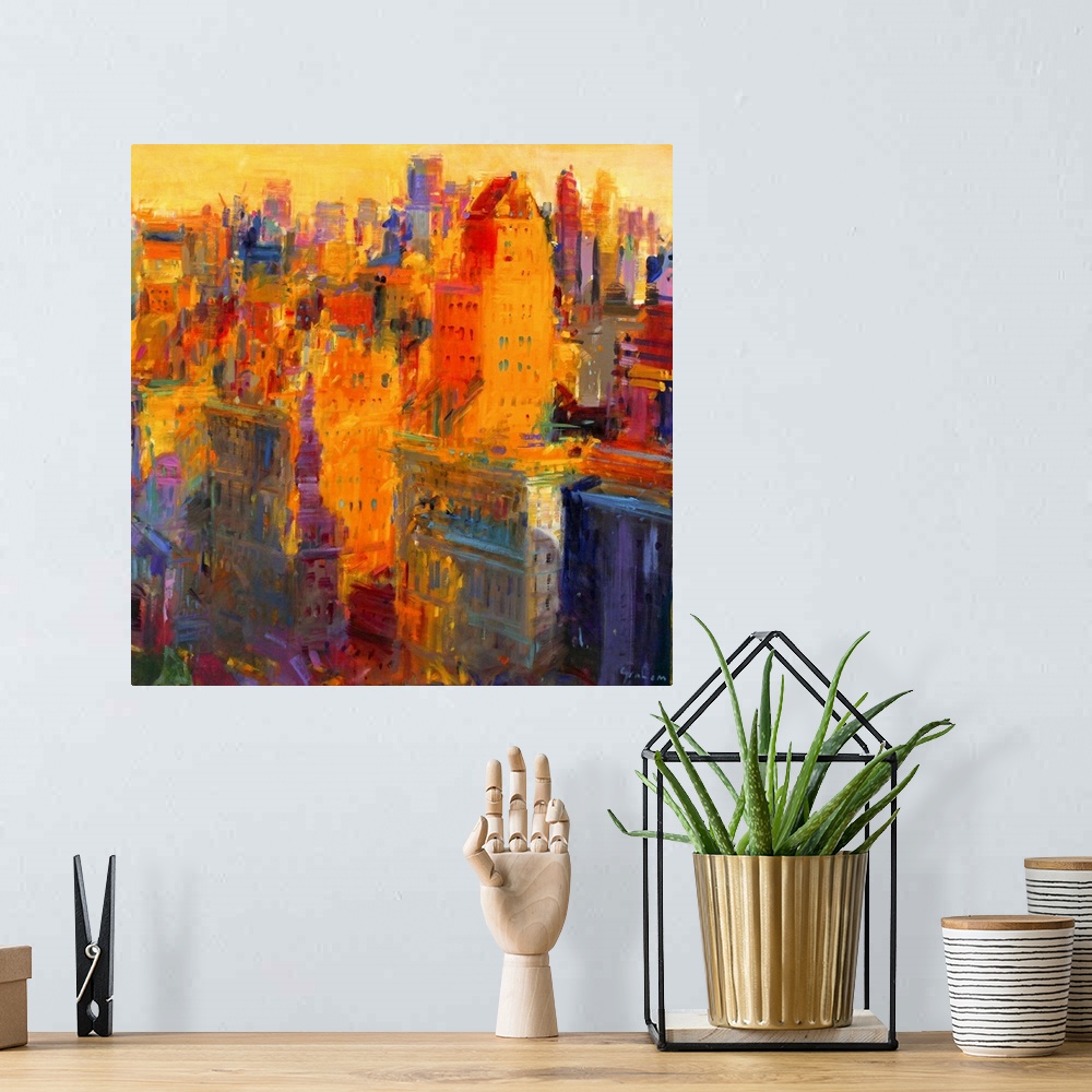 A bohemian room featuring Square contemporary abstract painting of buildings in NYC made up of large brush strokes.