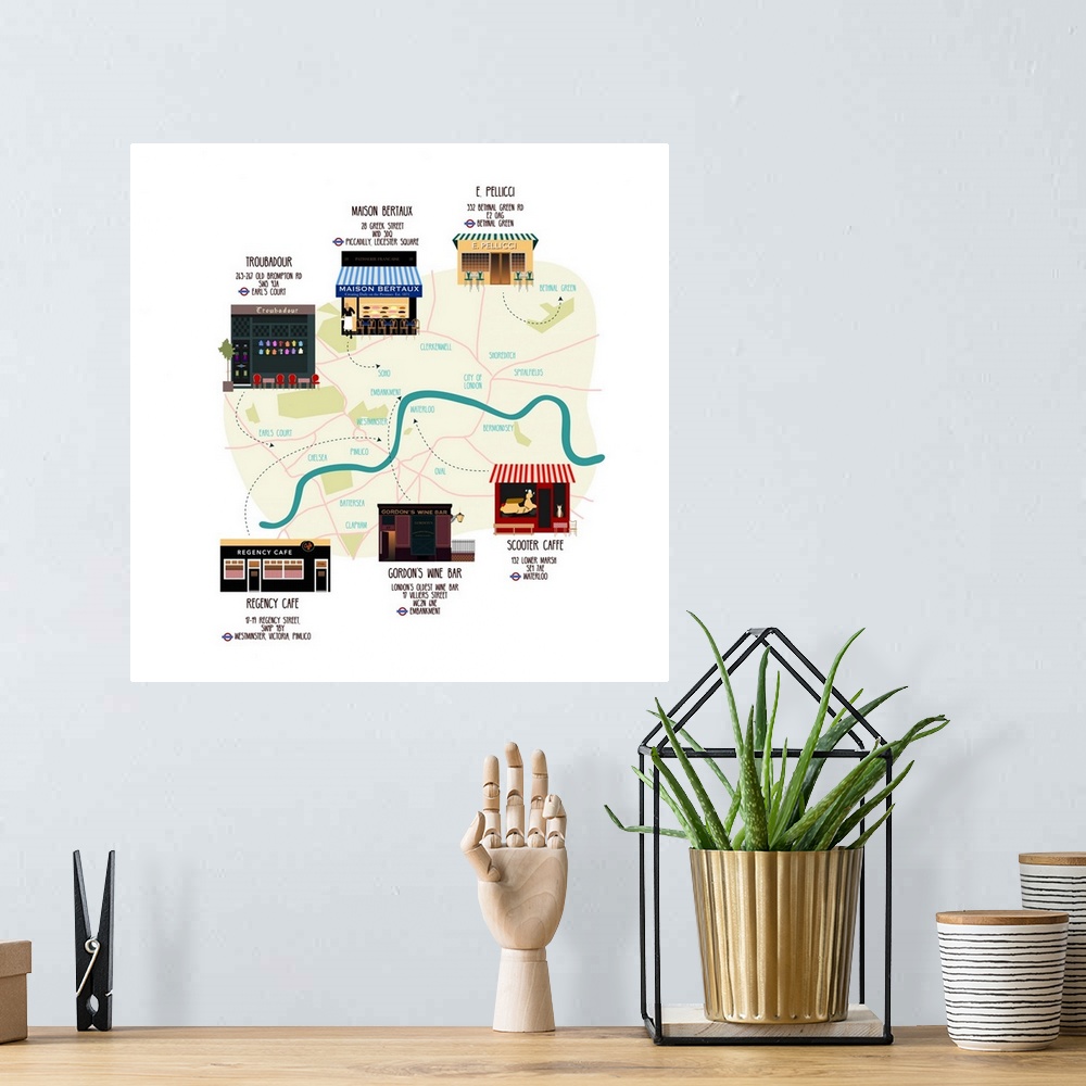 A bohemian room featuring Map Of Unique London Eateries And Bars